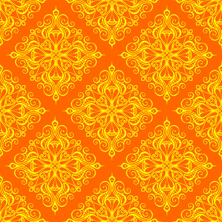 seamless graphic pattern, tile with abstract geometric yellow ornament on orange background, texture, designのイラスト素材