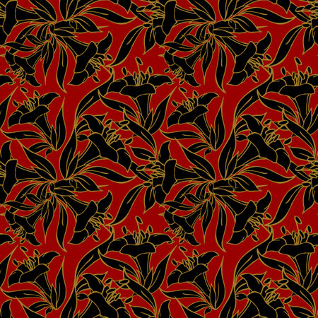 seamless pattern of large black flowers with a golden outline on a red background, texture, designの写真素材
