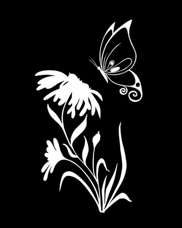 white contour drawing of a flower on a black background, logotype, monochrome designのイラスト素材