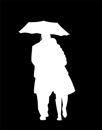 white drawing of a couple under an umbrella on a gray background, monochrome graphicsのイラスト素材