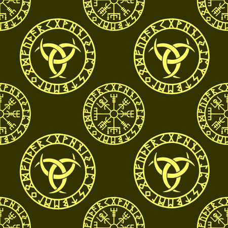 seamless celtic pattern of yellow round elements on a green background, texture, designのイラスト素材