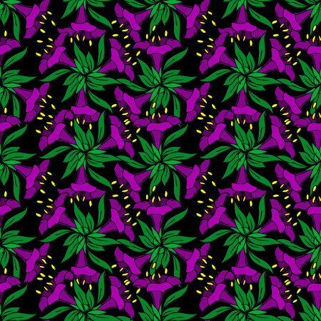 seamless pattern of purple large exotic flowers with a black outline on a black background, texture, designのイラスト素材