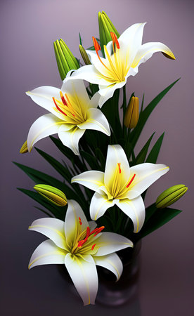 bouquet of white lilies on a dark background, bright digital illustration, postcard, backgroundの素材