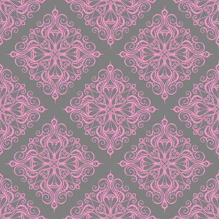 seamless graphic pattern, tile with abstract geometric pink ornament on gray background, texture, designのイラスト素材