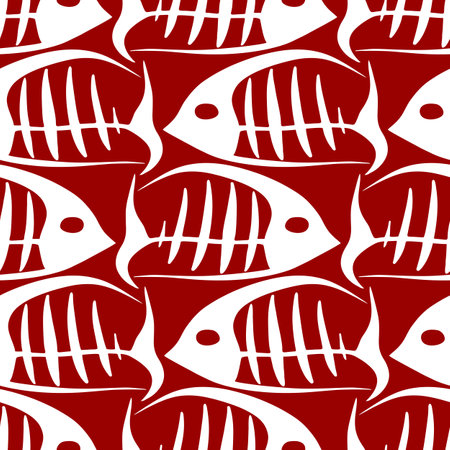 graphic red and white fish skeletons seamless pattern, texture, backgroundのイラスト素材