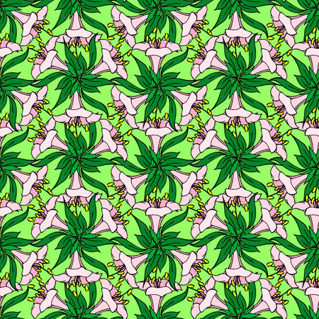 seamless pattern of pink large exotic flowers with a black outline on a green background, texture, designの写真素材