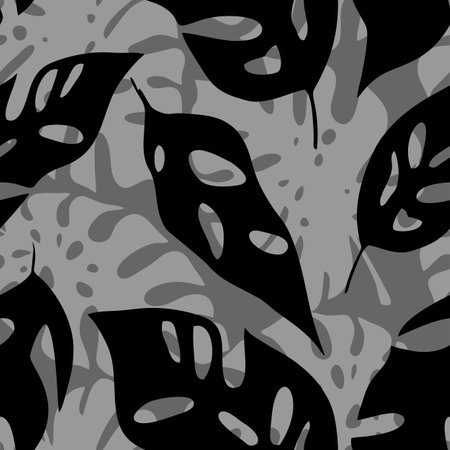 seamless black and gray pattern of tropical leaves contours, texture, backgroundのイラスト素材