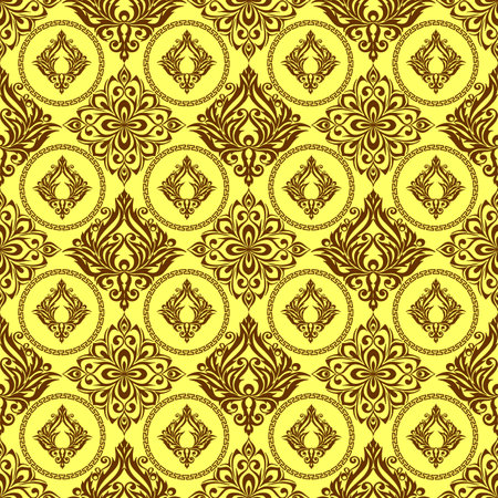 seamless graphic pattern, tile with abstract geometric brown ornament on yellow background, texture, designのイラスト素材