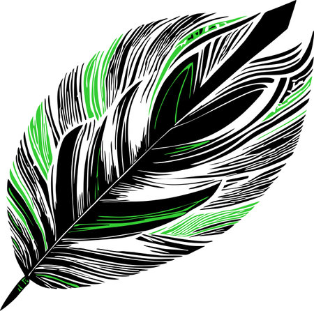 simple graphic drawing black and green bird feather, sketch, logoのイラスト素材