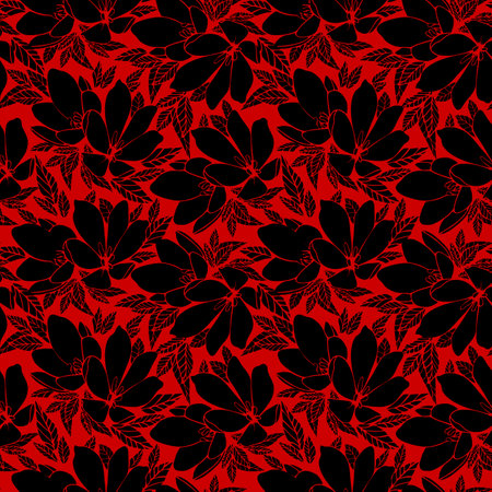 asymmetric seamless floral black contour pattern on a red background, design, backgroundのイラスト素材