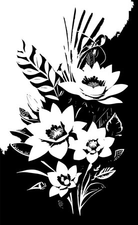 white graphic contour drawing of a bouquet of flowers on a black background, designのイラスト素材