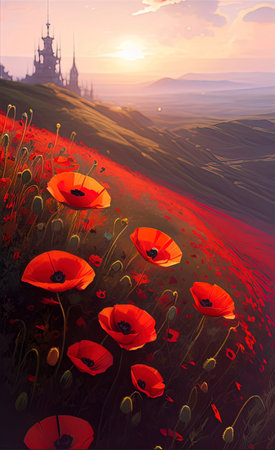 bright illustration landscape with red poppies, background, aiの素材