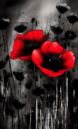 black and red drawing of poppy flowers on a white background, ink, designの素材