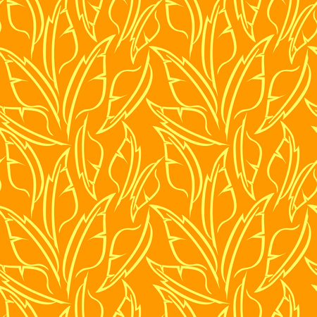 yellow graphic drawing of stylized feathers on an orange background, texture, designのイラスト素材