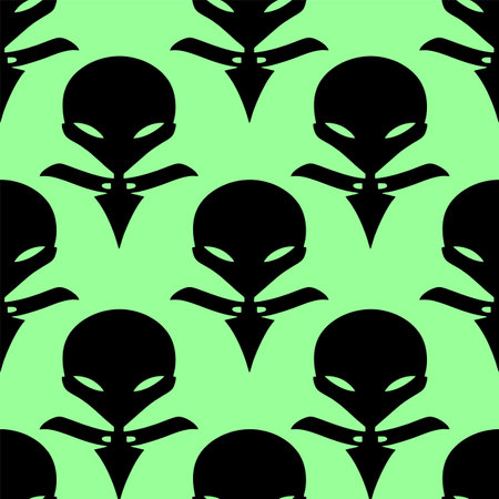 seamless pattern black graphic aliens on green background, texture, designのイラスト素材