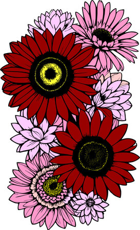 multicolor drawing of a bouquet of wild flowers with a black outline, design, graphicsのイラスト素材