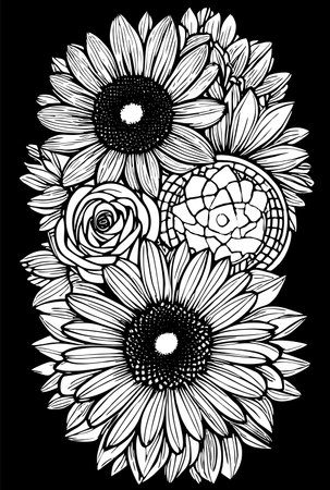 white graphic contour drawing of a bouquet of flowers on a black background, designのイラスト素材