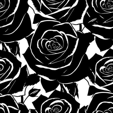 black and white seamless pattern of rose flowers, texture, designの写真素材