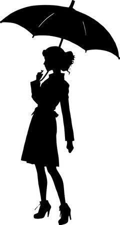 black graphic silhouette of a girl with an umbrella, icon, logoの写真素材