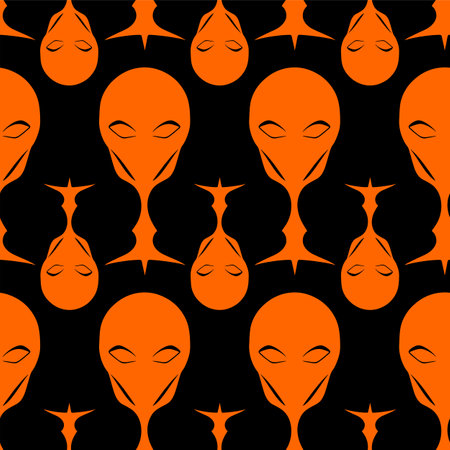 seamless pattern orange graphic aliens on black background, texture, designの写真素材