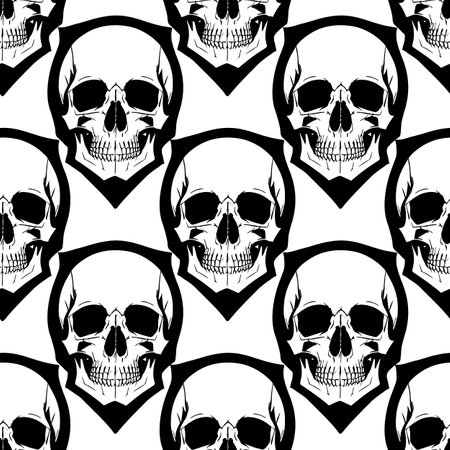 seamless symmetrical pattern of black human skulls on a white background, texture, designの写真素材