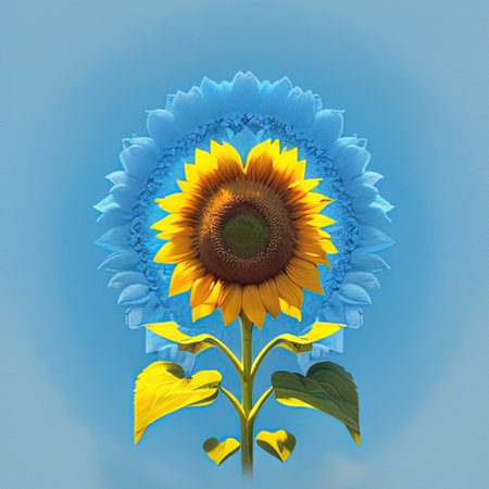drawing of a yellow sunflower against a blue sky, AI generationの素材