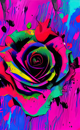 drawing of a large rose flower on a bright multicolor background, splashes of paint, ai generationの素材