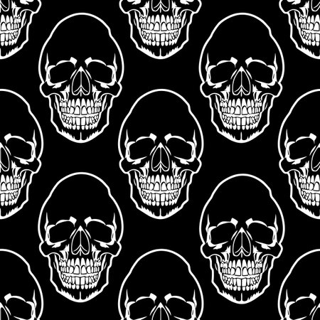seamless symmetrical pattern of white human skulls on a black background, texture, designの写真素材