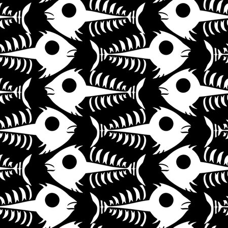 seamless pattern of white graphic fish skeletons on a black background, texture, designの写真素材