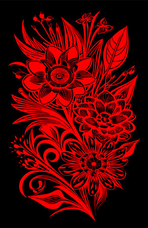 red graphic drawing of a bouquet of flowers on a black background, design, artのイラスト素材