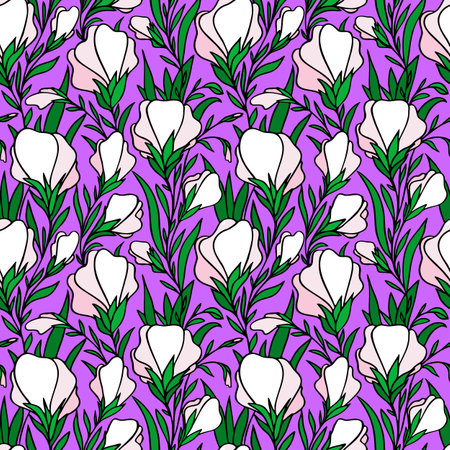 seamless contour pattern of large white flowers on a purple background, textureの写真素材