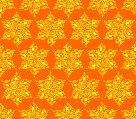 seamless symmetrical pattern of abstract yellow graphic elements on a red background, texture, designの写真素材