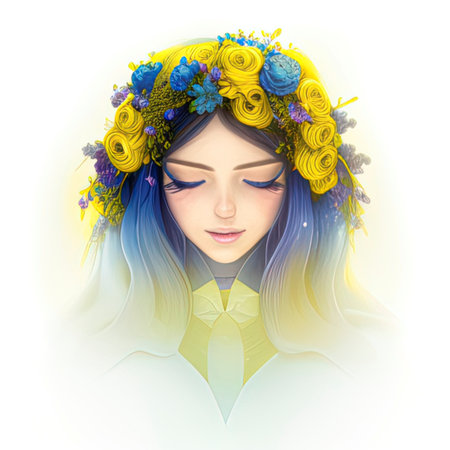 portrait of a girl in a wreath of yellow and blue flowers on a white background, Ukrainian costumeの素材