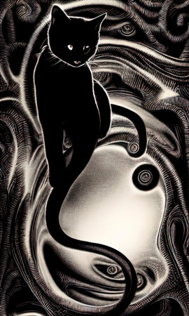 graphic illustration of a black cat on a black background, AI generationの素材