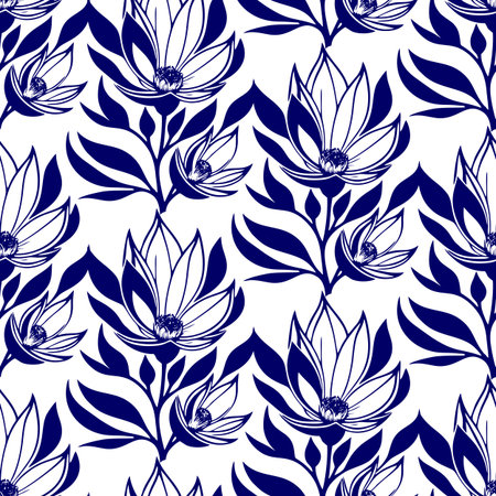 simple graphic seamless pattern of blue magnolia flowers on white background, textureの写真素材