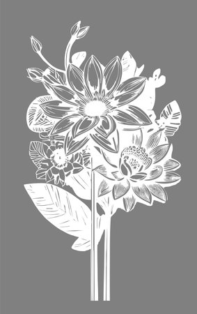 white graphic contour drawing of a bouquet of flowers on a gray background, designの写真素材