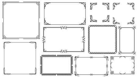 Big Set Black Simple Line Frame Collection Doodle Square Floral Frame Elements Vector Design Style Sketch Isolated Illustration For Bannerのイラスト素材