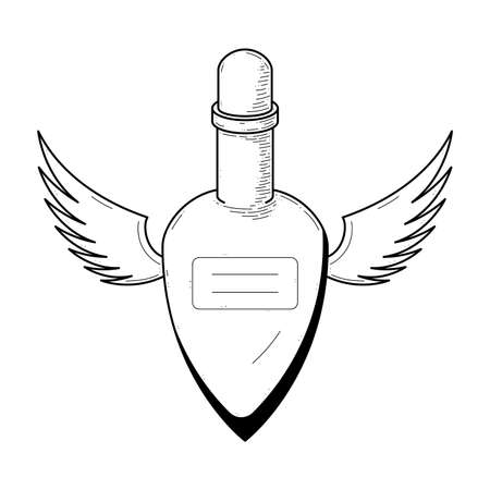 Black Simple Line Glass Flask Doodle Outline Potion Drink Elixir Liquid With Wings Element Vector Design Style Sketch Isolated Illustration Magic Witchcraftのイラスト素材
