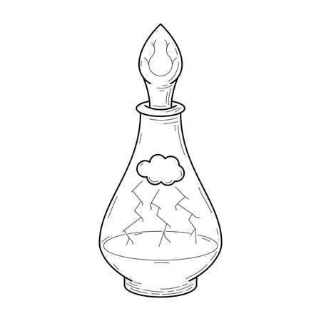 Black Simple Line Glass Flask Doodle Outline Cloud Thunderstorm Lightning Potion Drink Elixir Liquid Element Vector Design Style Sketch Isolated Illustration Magic Witchcraftのイラスト素材