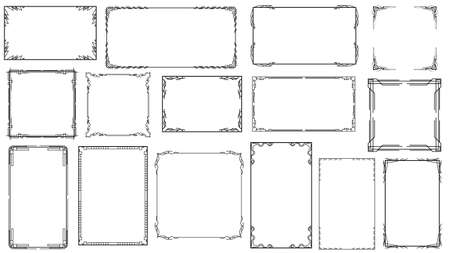 Big Set Black Simple Line Frame Collection Doodle Square Floral Frame Elements Vector Design Style Sketch Isolated Illustration For Bannerのイラスト素材