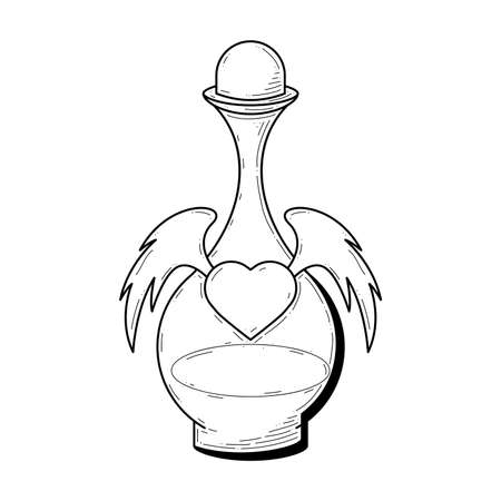 Black Simple Line Glass Flask Doodle Outline Potion Drink Elixir Liquid Heart With Wings Element Vector Design Style Sketch Isolated Illustration Magic Witchcraftのイラスト素材