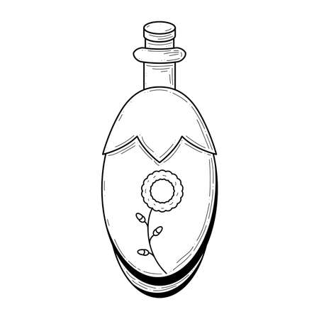 Black Simple Line Glass Flask Doodle Outline Plant Leaf Potion Drink Elixir Liquid Element Vector Design Style Sketch Isolated Illustration Magic Witchcraftのイラスト素材