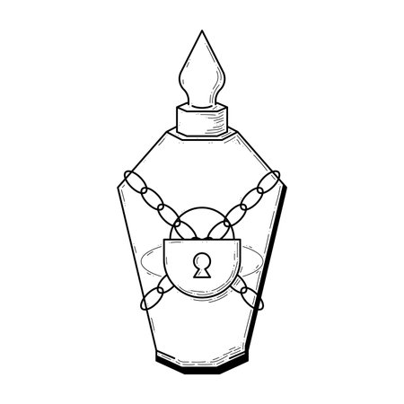 Black Simple Line Glass Flask With Padlock Doodle Outline Potion Drink Elixir Liquid Element Vector Design Style Sketch Isolated Illustration Magic Witchcraftのイラスト素材