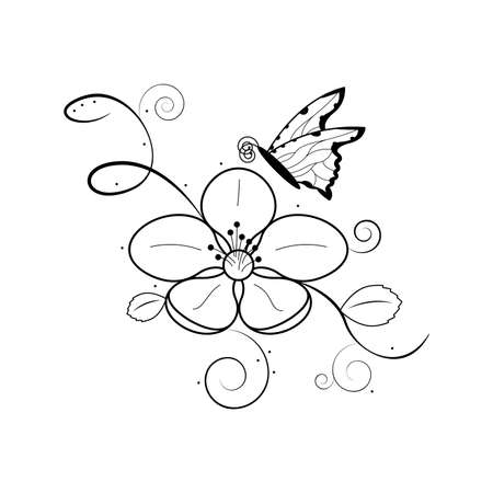 Abstract Butterfly Butterflies Insect With Plants Botanical Flower Bruch Doodle Outline Vector Design Styleのイラスト素材