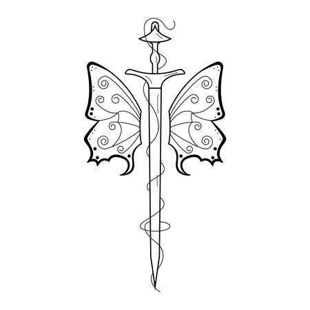Abstract Sword Blade With Butterfly Wings Insect Doodle Outline Vector Design Style Tatoo Vintageのイラスト素材