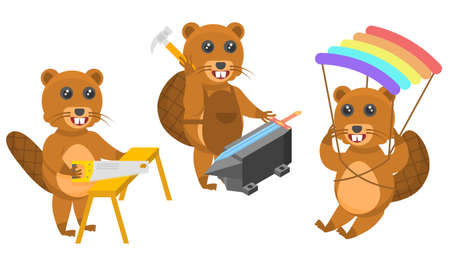 Set Abstract Collection Flat Cartoon Different Animal Beavers Sawing Boards, Eparachute Jumping, Knocks On The Anvil With A Hammer Vector Design Style Elements Fauna Wildlifeのイラスト素材