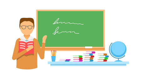 Abstract Flat Man With Book Teacher In The Classroom Cartoon People Character Concept Illustration Vector Design Style With Books Glass With School Board Pencils And Globeのイラスト素材