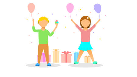 Abstract Flat Children Kids Girl And Boy Cartoon People Character Concept Illustration Vector Design Style Celebrating Anniversary Birthday Balloons Giftsのイラスト素材