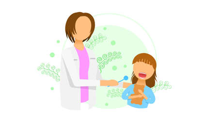 Abstract Flat Woman Dentist And Girl Child Patient With Open Mouth Cartoon People Character Concept Illustration Vector Design Style With Tooth Check And Dentistry Stomatological Clinicのイラスト素材