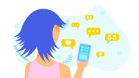 Abstract Flat Woman Girl With A Smartphone In Hand Cartoon People Character Concept Illustration Vector Design Style With Leaves Social Media Likes Subscription Messages Communicationのイラスト素材